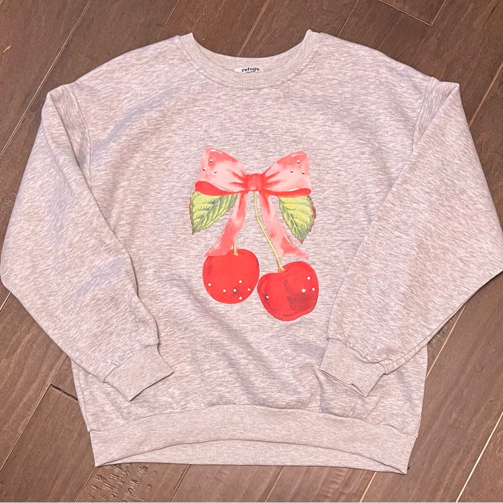 Refuge Gray Sweater with Cherry Design